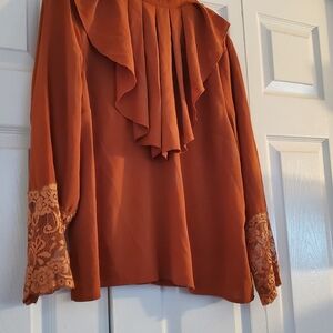 SHEIN Rust Ruffle Lace Blouse